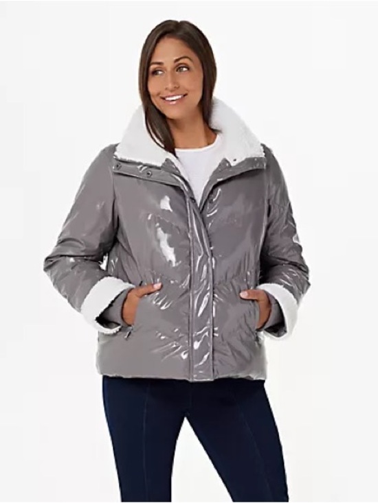 G.I.L.I. Jackets & Blazers - G.I.L.I. Shiny Gray Puffer Jacket with White Sherpa Trim Sz M